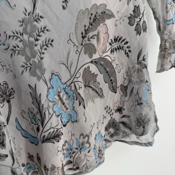 Vintage Fairycore Whimsygoth Silk Floral Beaded Top Gray Sheer Ruffle Sleeve M - Picture 7 of 9